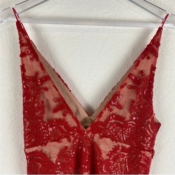 Free People Night Shimmers Mini Dress Red Lace Sequins Plunge V Party Dress - Picture 5 of 11